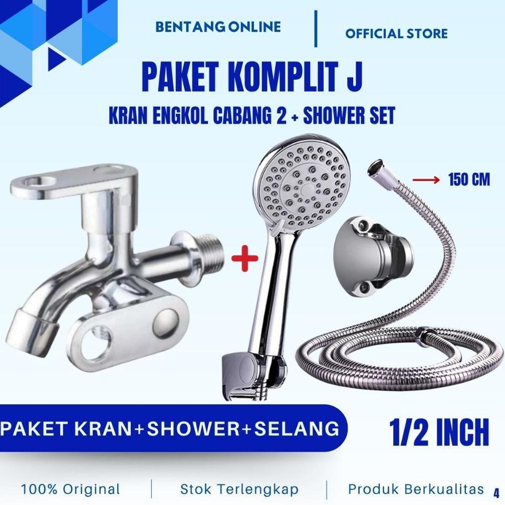 Shower Set Kran Kamar Mandi Paket Komplit J Stainless Keran Air Engkol Cabang 2 Selang Stenlis Showe