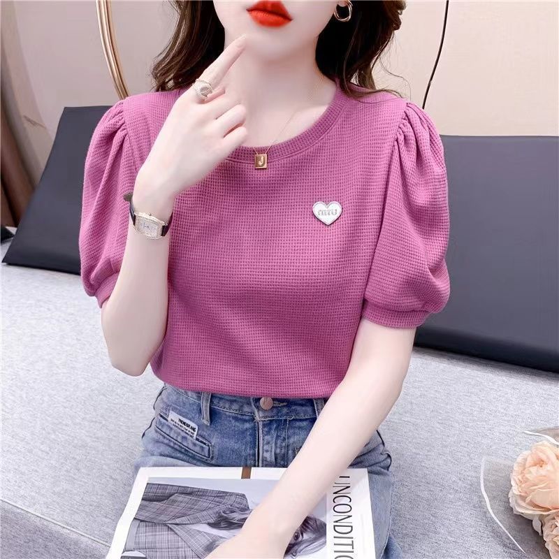 Waffle Puff Sleeve Short Sleeve T T-shirt Unique Chic Plus size Top