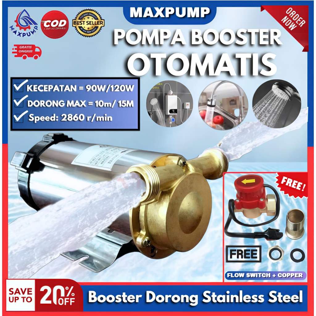 MAXPUMP Pompa Booster Otomatis Pompa Pendorong Tekanan Air untuk Shower Water Heater Booster Pump