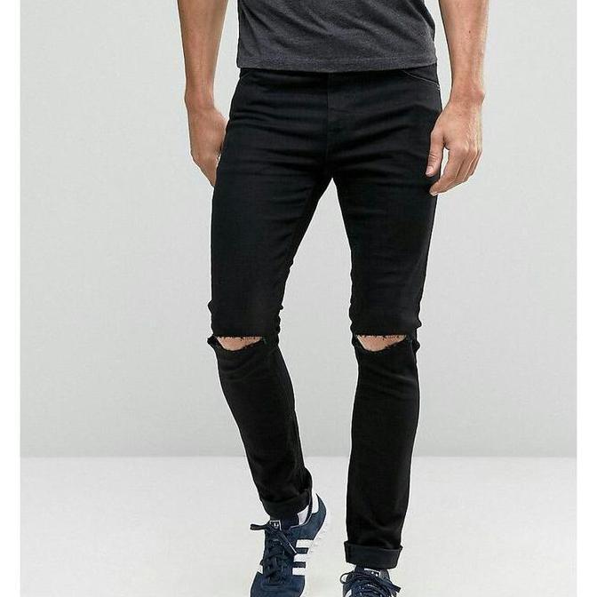 DF175>> Celana Jeans Panjang Pria Dewasa Sobek Lutut Hitam Terbaru 2022 Pensil Cowok Levis Lois Kere