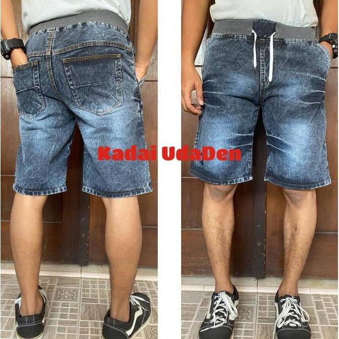 DV101 >> Celana Pendek Jeans Pria Dewasa Pinggang Karet Tali Kolor Ringkel Cowok Cowo Laki Warna Sno