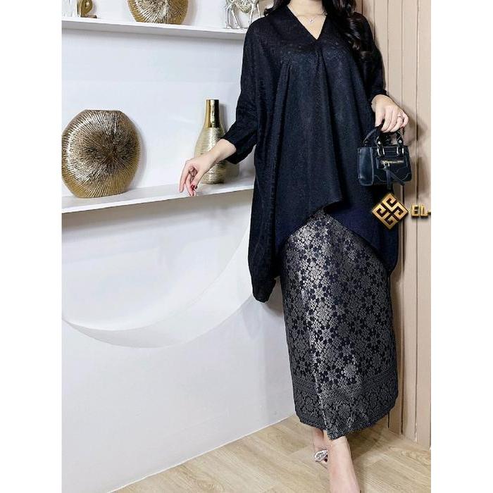 blouse kaftan tunik viscose aruna (satuset rok lilit songket) batik terbaru - hitam, SATU SET ROK LI