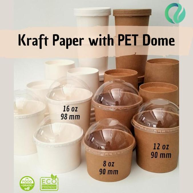 Terlaris Kraft Paper Ice Cream Cup 8Oz 12Oz  With Dome Plastic Lid 90Mm 25Pcs