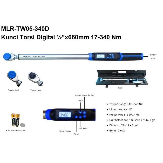MOLLAR TW05-340D Kunci Torsi 1/2" Torsi 340 Nm Digital Adjustable Torque Wrench / Kunci Momen