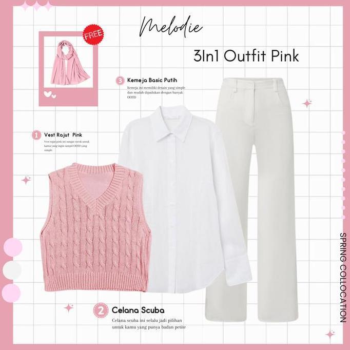 Promo Melodie Outfit 1 Set Baju Outfit Korea Hijab Remaja Formal ( Atasan Vest Rajut Cable Pink + Ke