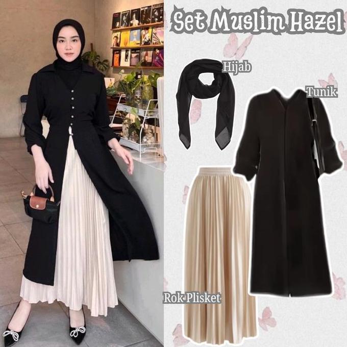 Promo Apathea One Set Muslim Hazel { Tunik + Rok Plisket + Hijab } Fashion Muslim Wanita Kekinian. S