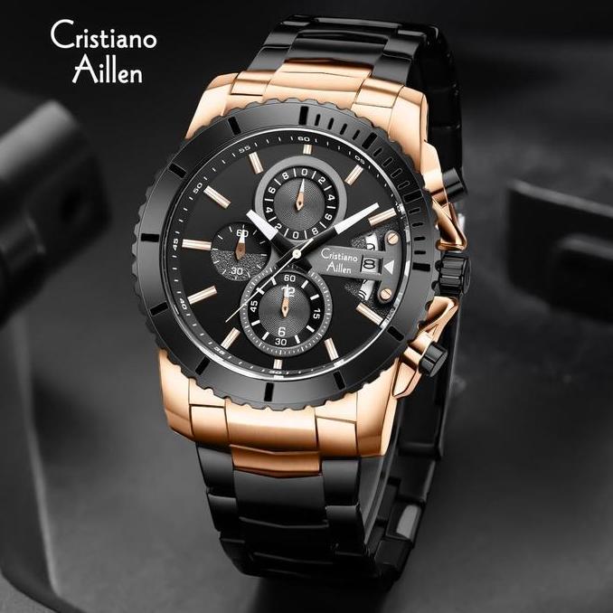 Promo Exclusive Buy 1 Get 1  Cristiano Aillen Jam Tangan Pria Analog 8898 Rantai Stainless Steel Chr