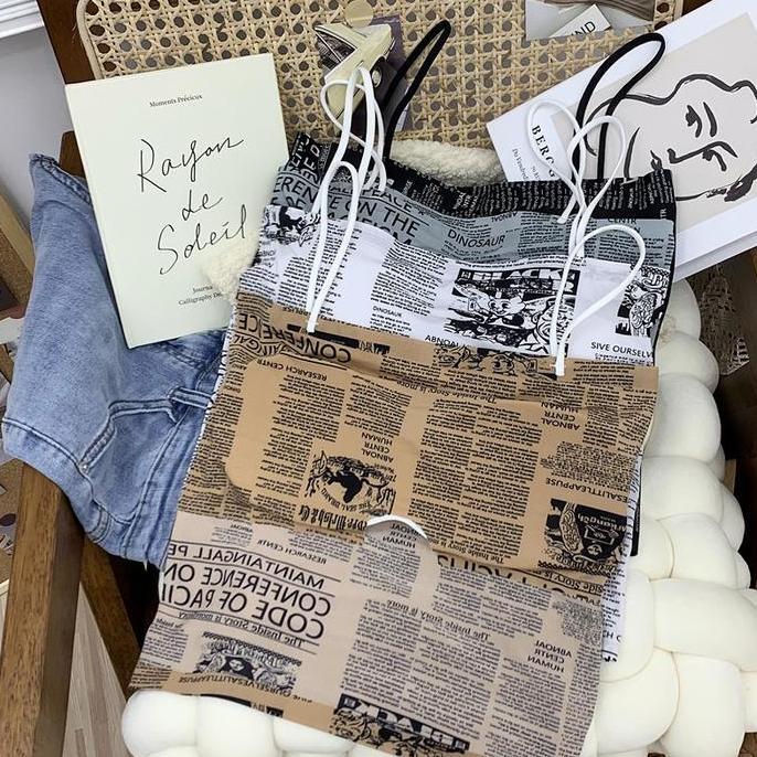 Promo khaefashion BR161 Crop Tank Top Motif Koran News Paper Printing Baju Atasan Wanita Ada Busa Ta