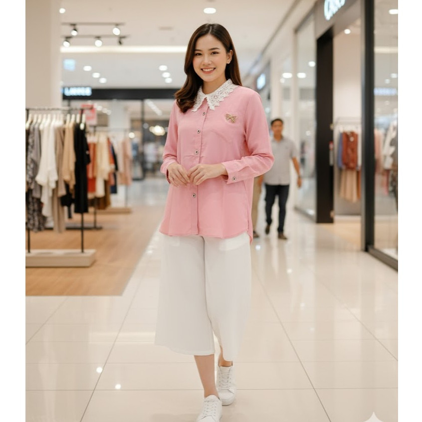 Atasan Kemeja Wanita Korean Vintage Krah Rendra Lengan Panjang Ceruty