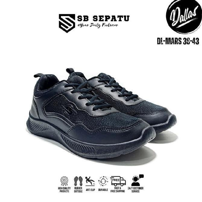 New  Sepatu DALLAS DL-MARS Tali FULL HITAM || Sepatu Sekolah Cewek Cowok Hitam SMP SMA || Sneakers F