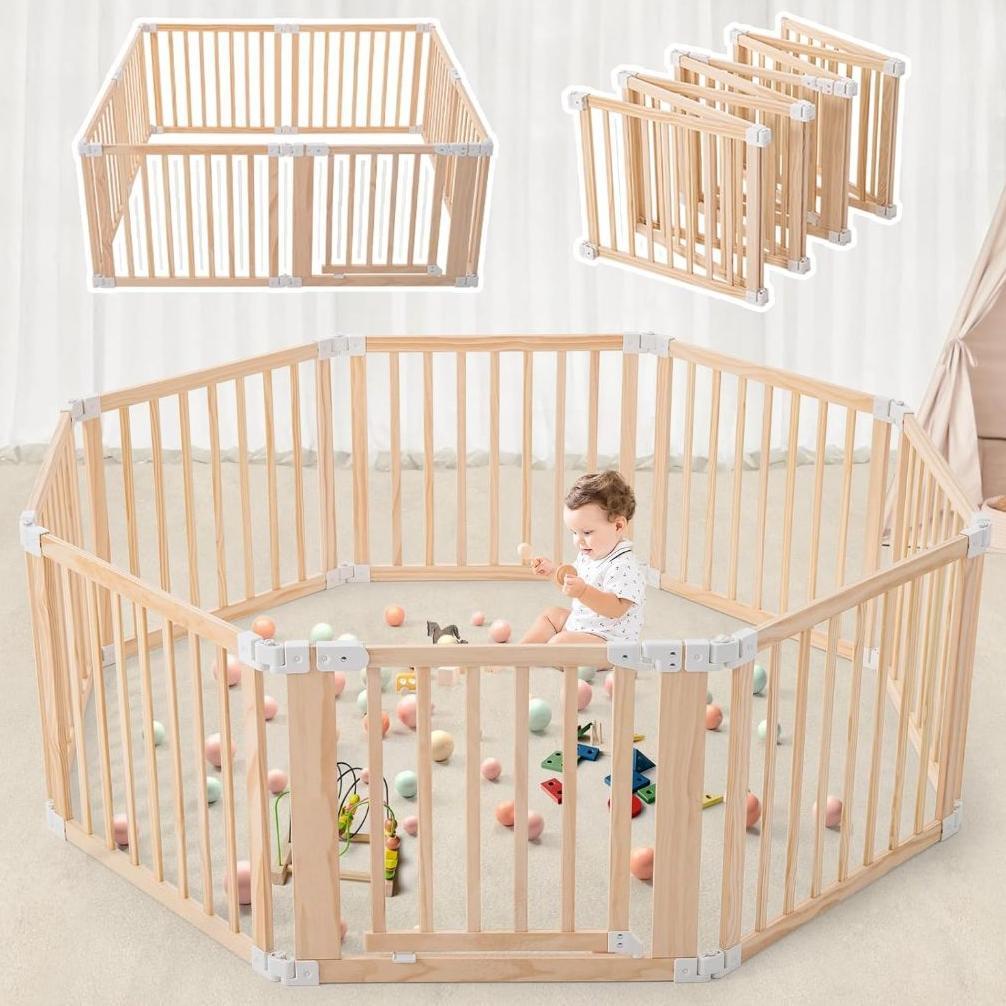 Foldable Wooden Playpen,Large Baby Gate Playpen with Child-Proof