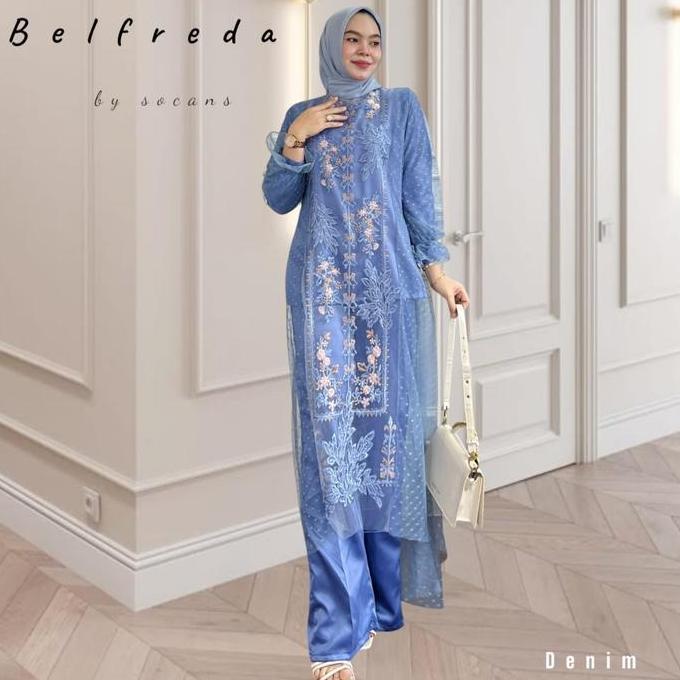 Belfreda Oneset Setelan Tunik Celana Brukat Utk Pesta Kondangan Hajatan Kajian Lebaran Atasan Bordir