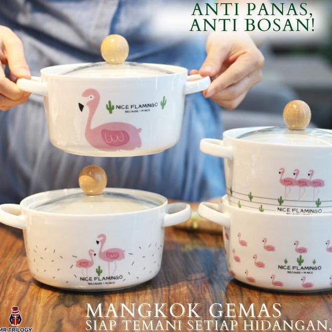 Mangkok Korea Aesthetic Mangkok Keramik Tutup Kaca Flamingo Handle Tahan Panas 800Ml Kado Lucu Mangk