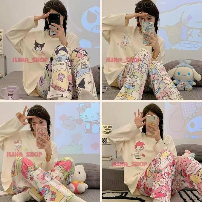 DW-47PP Baju Tidur Wanita Bahan Kaos Premium Celana Panjang Motif Lembut Size M L XL XXL Piyama Dewa