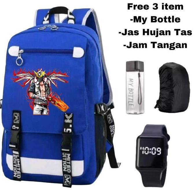 Tas Free Fire hitam keren Pilihan warna tas Free Fire: hitam, merah, biru Backpack anak FF model bar
