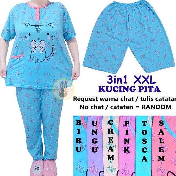 Set Baju Tidur Jumbo 3 in 1 XXL Wanita Dewasa Kaos Dapat Satu Baju Dua Celana piyama Setelan Panjang