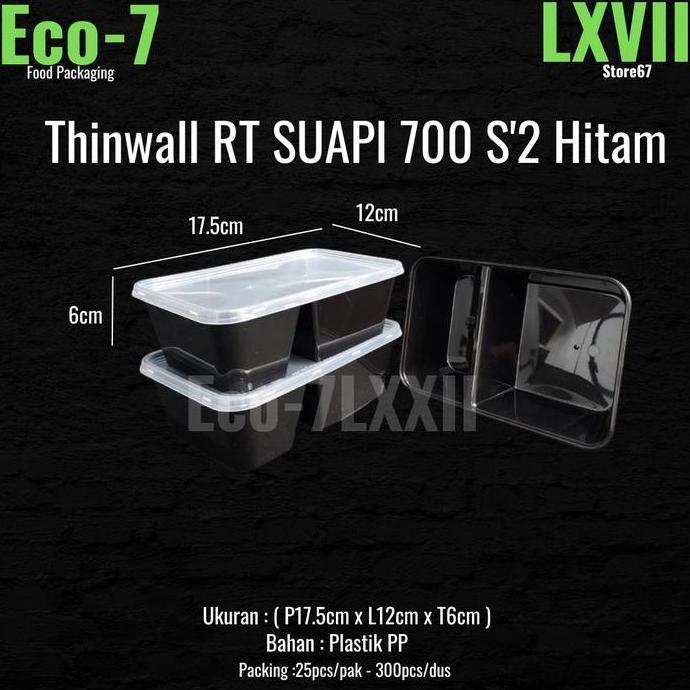 Lunch Box Plastik Thinwall Persegi Sekat 2 700ml Hitam