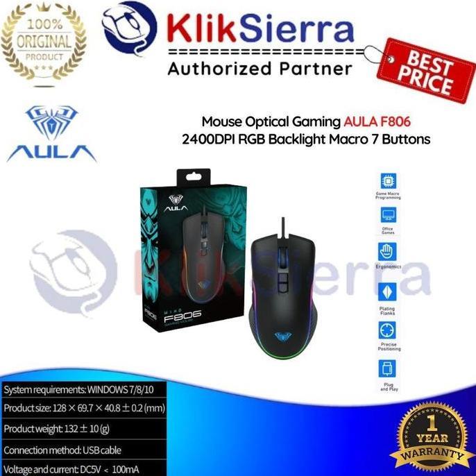 HARGA DISC - AULA F806 Mouse Gaming Optik 2400DPI RGB Backlight Macro 7 Tombol Ergonomis Anti-Slip d