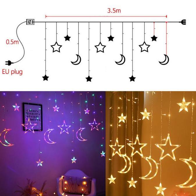 Lampu Hias Kelap-kelip Bintang Bulan Lampu Natal Tirai Led Lampu Hias Kamar Dekorasi