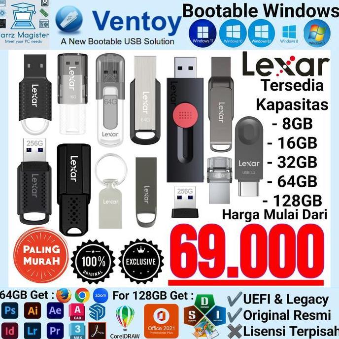 COD Flashdisk Bootable Windows 10 11 8.1 8.0 7 XP Merk Lexar Via Ventoy | Flash Drive ORI Resmi