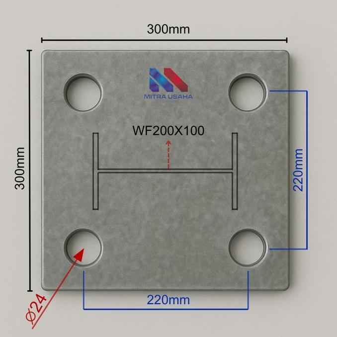 Base Plate WF200X100 Ukuran Plat 300X300, Lubang 24mm, Plat Besi & Stainless Steel Potong CNC Laser 