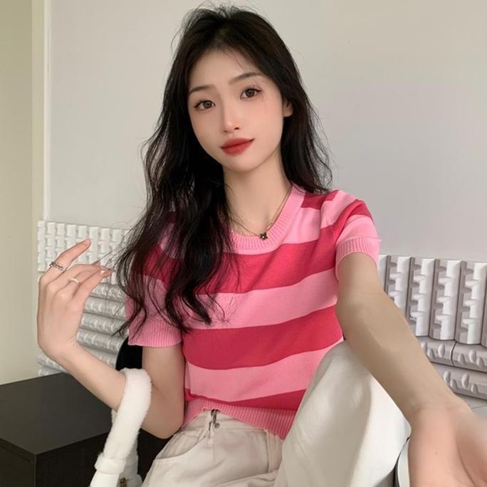 DY103 >> [HAH] Kaos Rajut Salur Besar Wanita Lengan Pendek | Atasan Rajut Salur Tebal Wanita Lengan 