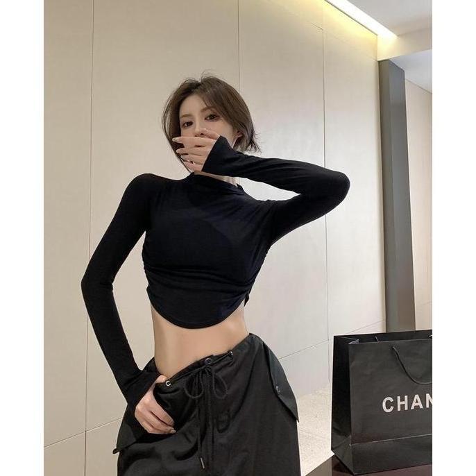 DR347 - BJ1601 Baju atasan Crop Top Lengan Panjang Turtleneck Wanita Polos Oversize, Outer Stylish W
