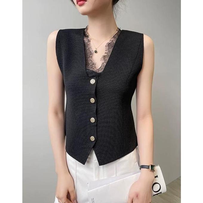DB209 - Jihyo Lace Vest Textured Knit / Vest Rajut Kombinasi Lace Wanita BL21062