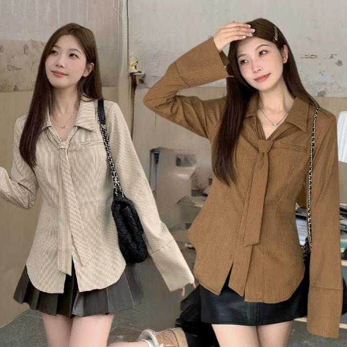 DS222 - Atasan kemeja lengan panjang ala korea untuk wanita, pakaian dalam dan luar terbaru, kemeja 