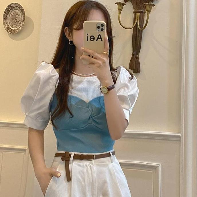 DS207 - Blouse Rajut Wanita Lengan Pendek | Blouse Rajut Lengan Balon Pendek | Blouse Crop Top Rajut