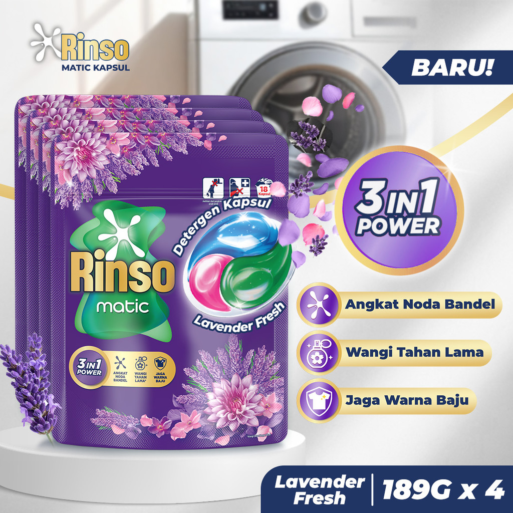 [BARU] Rinso Kapsul Lavender Fresh Deterjen Cair Matic isi 18 capsule dengan 3 in 1 Power | Detergen