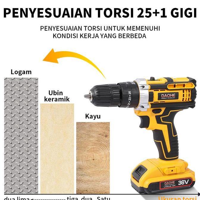 DAOHE Mesin Bor Baterai 36vf 25+3 Cordless Impact Lengkap 2 Baterai Fullset Koper 35NM 10MM Chuck 10