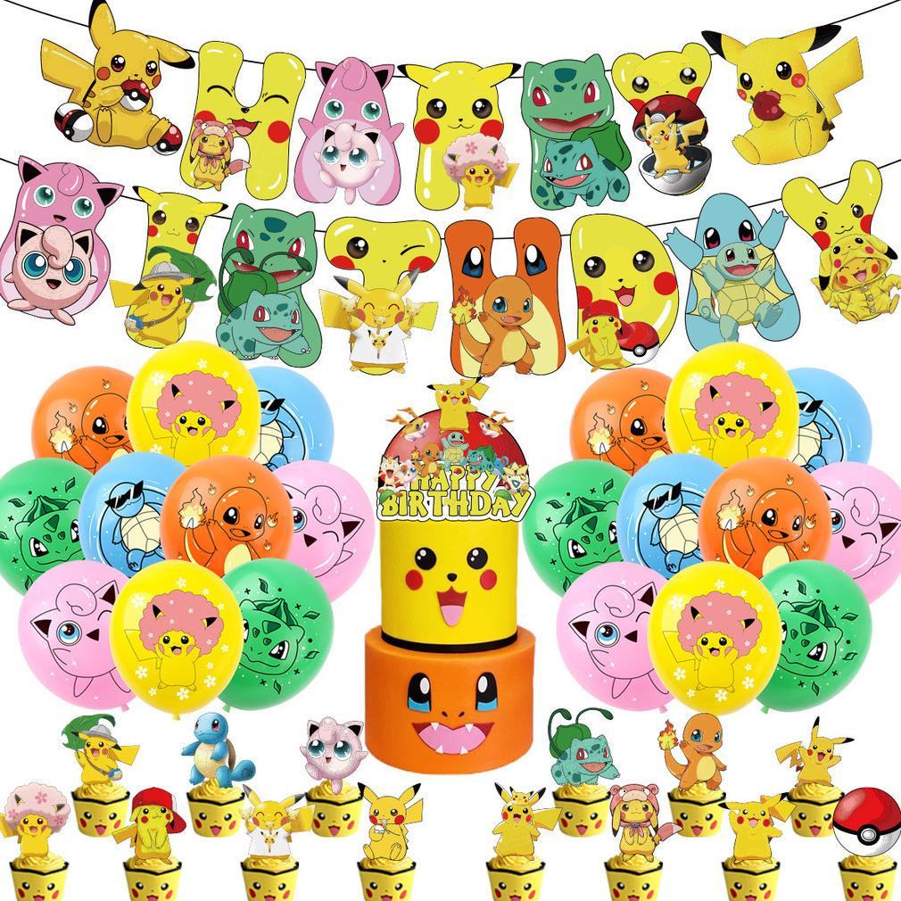 PAKET BALON SET DEKORASI PESTA ULANG TAHUN MOTIF POKEMON BANNER BALON TOPPER KUE CUP CAKE