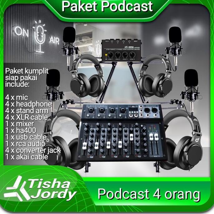 paket podcast 4 orang 4 mic, stand, soundcard mixer