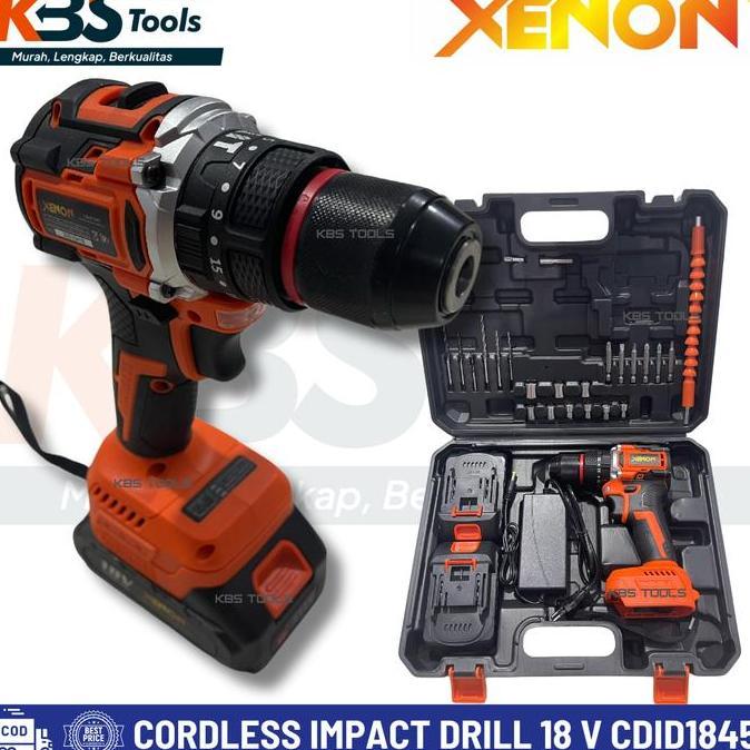 Cordless Drill Impact Mesin Bor Baterai Tembok Beton 18 V Full Set 2 Baterai XENON CDID1845 Bor Port