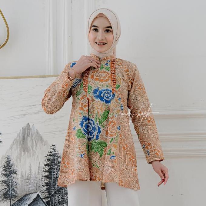 Audry - Arumi 3 - Blouse Batik kantor Wanita lengan Panjang Hijab Kerja Modern Motif Kombinasi bunga