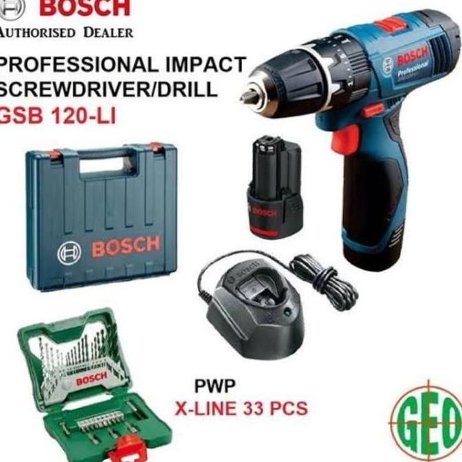 Paket set Bor Cordless BOSCH GSB 120 Li ( 2 Batre ) Mata Bor X-Line 33