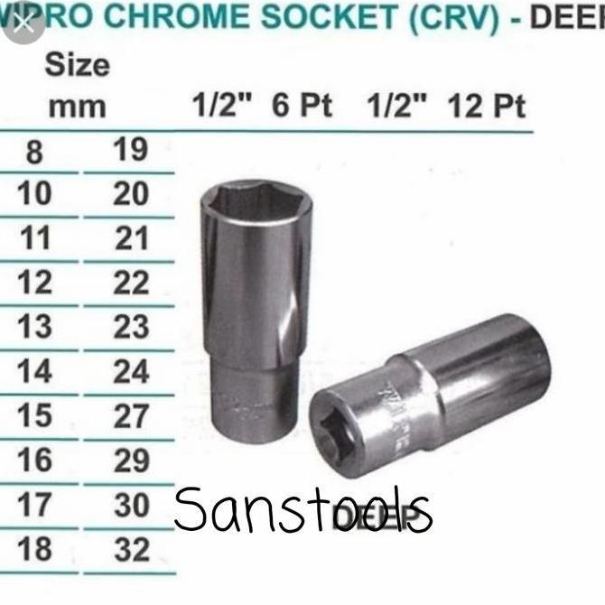 Deep Sock 1/2" x 16mm wipro mata kunci sok panjang 16 mm 6PT 12PT