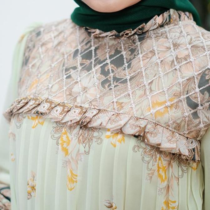 Demore Gamis Kavina Maxi Rempel Pleats Kekinian - Abaya Plisket Elegan Motif Bunga Tabur - Dress Rem