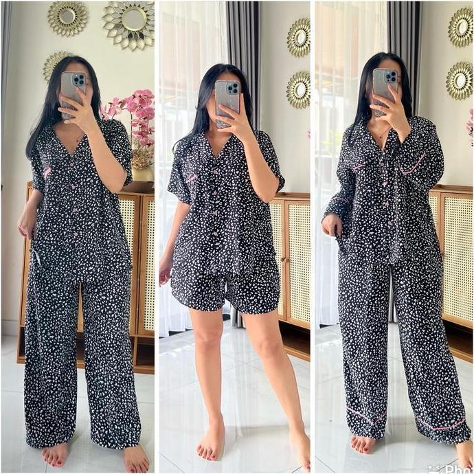 Promo Gentlesleep / Leopard black Set Rayon Premium One Set Kemeja Baju Tidur piyama Wanita Kekinian