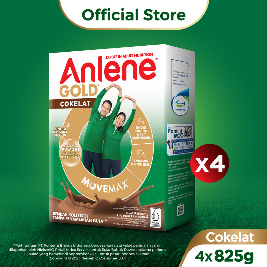 Anlene Gold 5X Susu Bubuk Dewasa Cokelat 4 x 825g - Nutrisi Tinggi Kalsium Untuk Tulang, Sendi, dan 