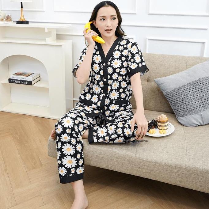 Promo EMILY PIYAMA Baju Tidur Set Piyama Model Sunflower Satin Kancing Depan Fit Pakaian Tidur Wanit