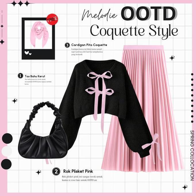 One Set Hijab Style Rok dan Atasan | Cardigan Coquette Pita Hitam Lengan Balon, Rok Plisket | Panjan