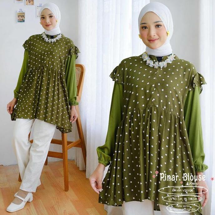 Pinar Blouse Wanita Polos Rayon Viscose Motif Polkadot Kombinasi Polos Fashion Muslim Baju Atasan Ba