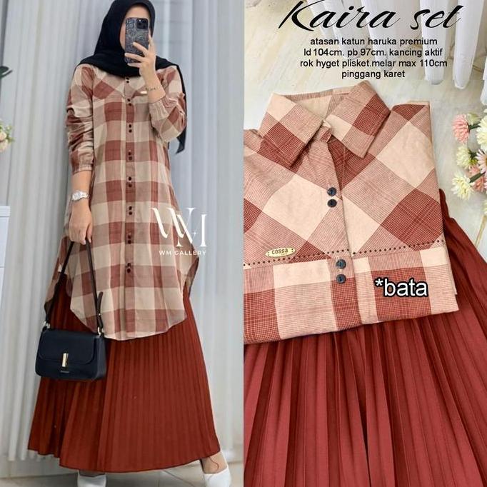 Setelan Rok Tunik Kaira set Bahan Katun Haruka Mix Plisket LD 107cm PJ Rok 90cm Kancing Aktif Busui