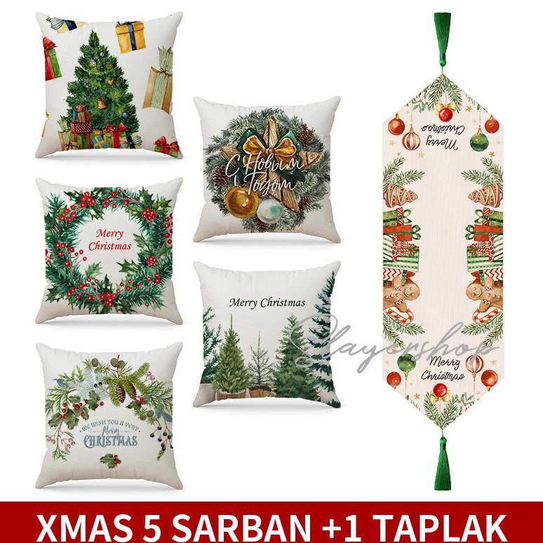 Natal Cetak Linen 40*40cm Sarung Bantal+ Taplak Meja Setelan Dekorasi Xmas Rumah 6 Buah Set Alas Mej