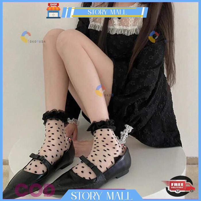 KAOS KAKI WANITA DEWASA TRANSPARAN KAOS KAKI WANITA KOREA  HITAM PUTIH LOLITA IMUT RUFFLE BY STORY M