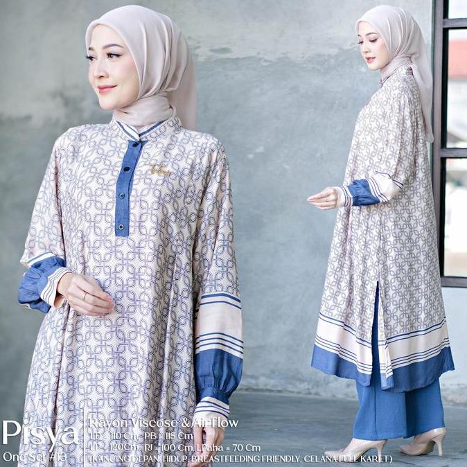 Pisya Setelan Wanita Muslim Rayon Viscose Mix Airflow Motif Etnik Batik Kombinasi Polos One Set Baju