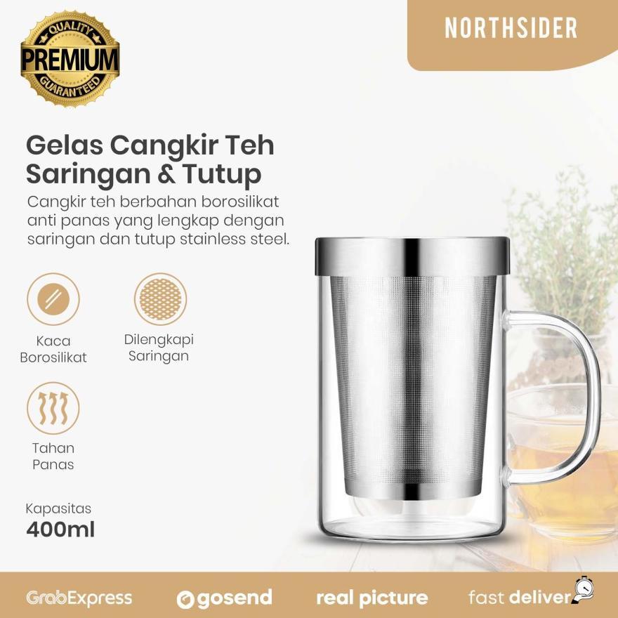 Gelas cangkir teh kaca 400ml saringan dan tutup stainless steel