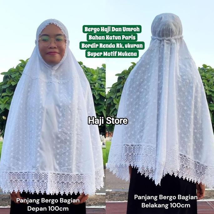 Bergo Haji Umroh Bahan Katun Paris Bordir Renda Rk Instan Rida'  Perempuan   Hijab